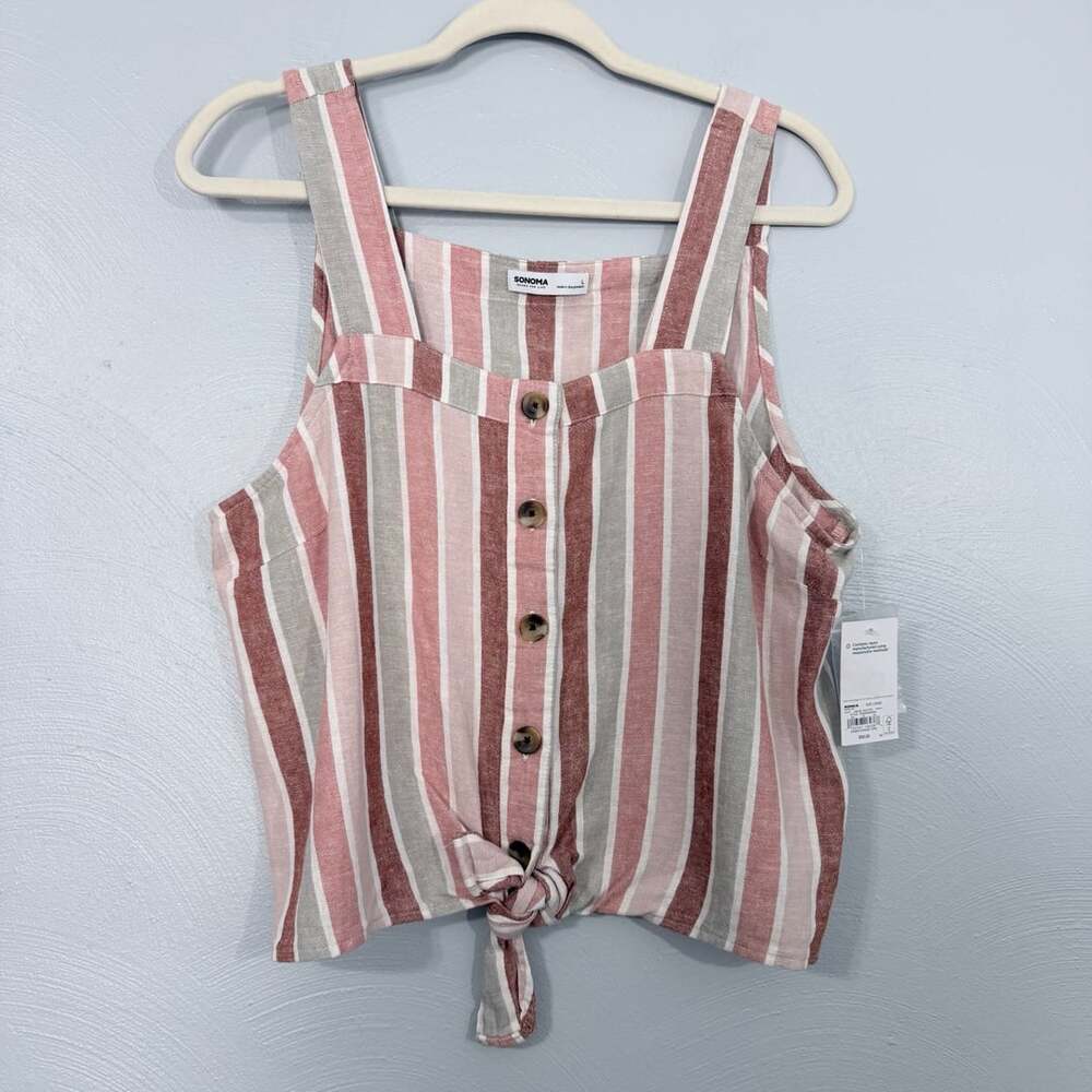 Sonoma Striped Button Up Crop Tank Earth Tones Coastal Boho L cottagecore
A4